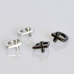 Sterling silver cross huggie hoop earrings. Tiny black hoop earrings. Minimalist mens cross earrings
