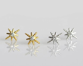 Sterling silver star stud earrings. Tiny gold star earrings. Minimalist cartilage earring. Dainty cubic zirconia earrings