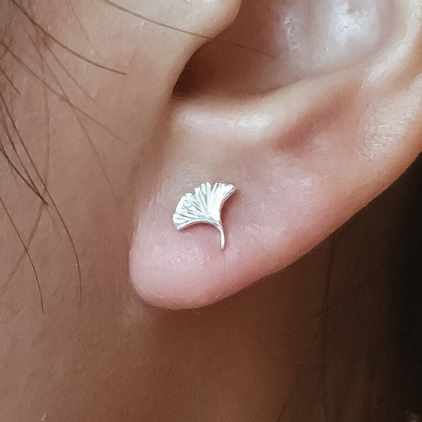 Sterling Silver Ginkgo Biloba Leaf Earrings • Small Silver Leaf Earrings Studs • Dainty Botanical Earrings