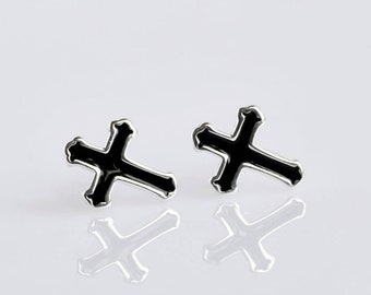 Sterling Silver Cross Stud Earrings. Goth Black Cross Screw Back Earrings. Minimalist Mens Punk Earrings