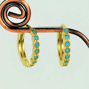 Small Dainty Gold Huggie Hoop Earrings • Funky Sterling Silver Cartilage Hoop • Blue Stone Huggie Earrings
