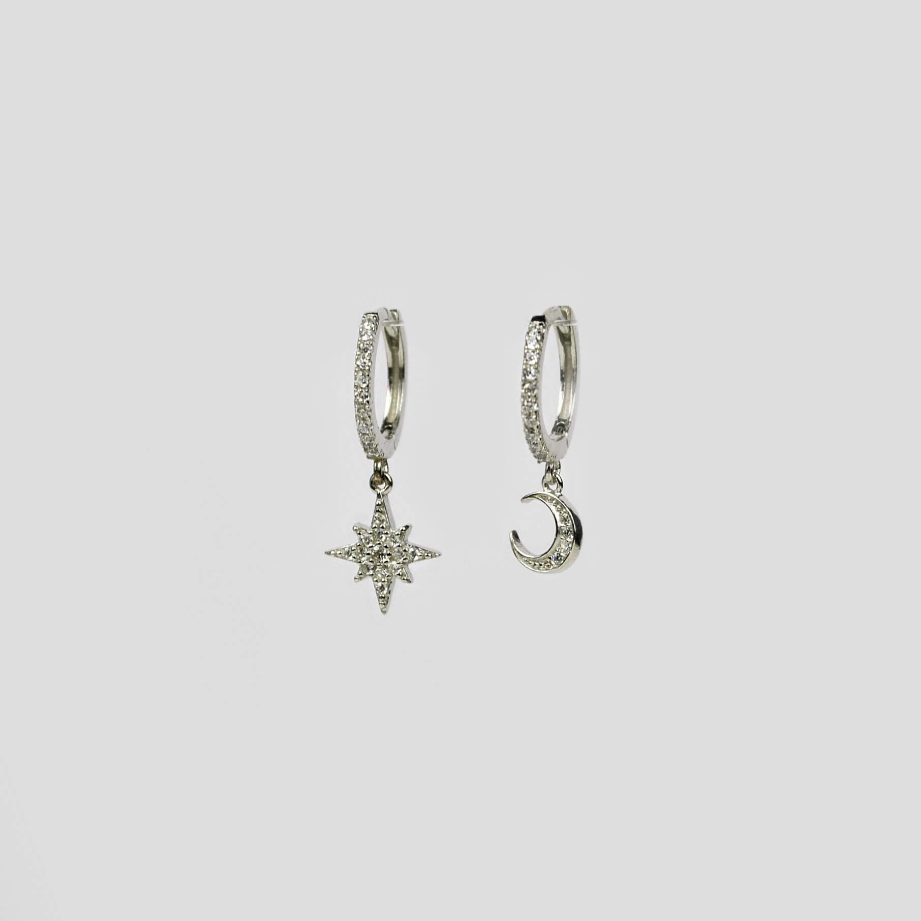 Mismatched Moon and Star Huggie Hoop Earrings Small Sterling - Etsy UK