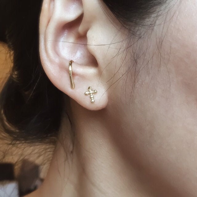 Gold bar suspender earrings, Sterling silver ear suspenders, Minimalist silver stud earrings