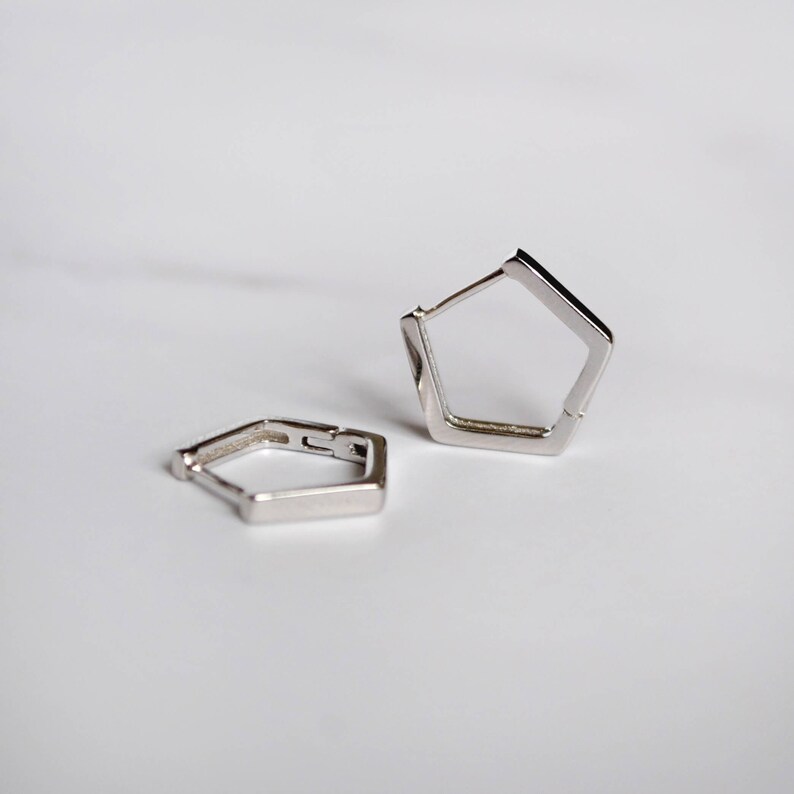 Simple mens hoop Small pentagon hoop earrings Dainty gemstone earring Handmade unique hoop earrings Sterling silver huggie hoop earrings