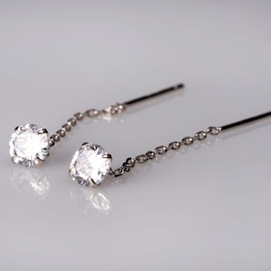 Cubic zirconia threader earrings. Sterling silver chain ear threader. Dainty rhinestone bridesmaid earring. Long dangle pull through earring
