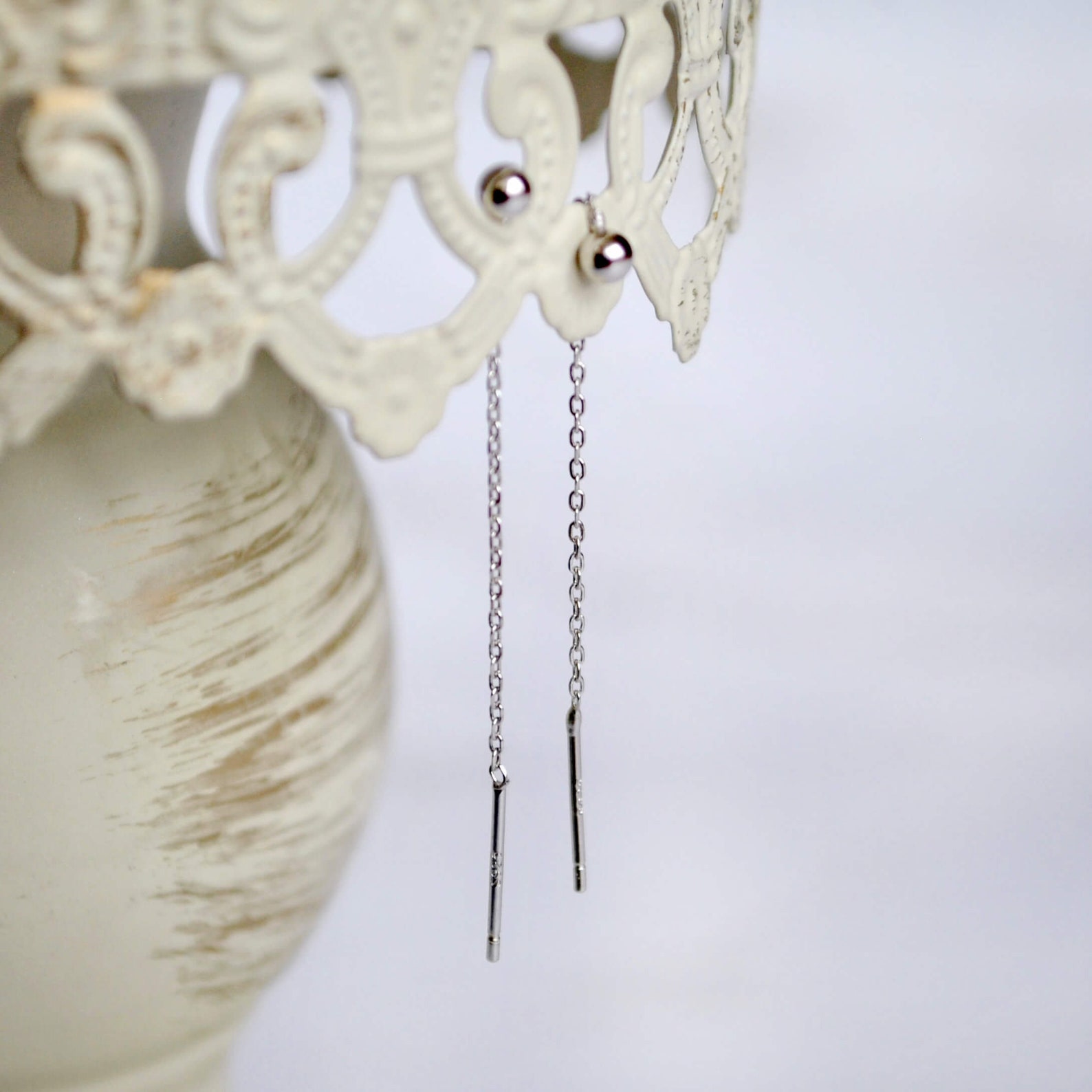 Sterling Silver Ball Threader Earrings. Long Dangle Chain Etsy