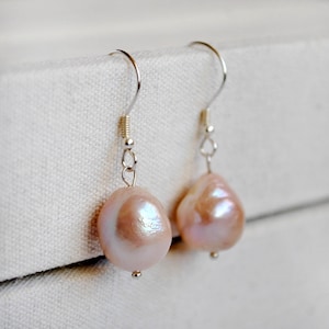 Pink Baroque Pearl Drop Earrings • Freshwater Pearl Bridal Wedding Earrings • Handmade Raw Stone Earrings • Dainty Pearl Jewelry for Mom