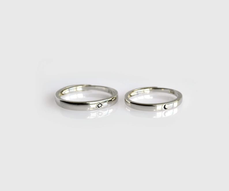 Sun and moon promise couple rings, Sterling silver his and hers matching rings, Minimalist engagement rings, Adjustable ring for women 