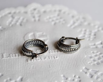Small huggie hoop earrings. Unique sterling silver hoop earrings. Simple mens goth hoop earrings. Bohemian oxidized silver earrings. Gift