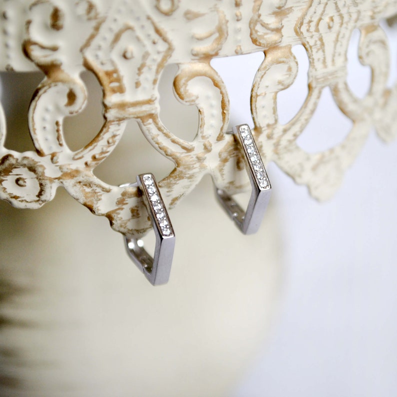 Simple mens hoop Small pentagon hoop earrings Dainty gemstone earring Handmade unique hoop earrings Sterling silver huggie hoop earrings