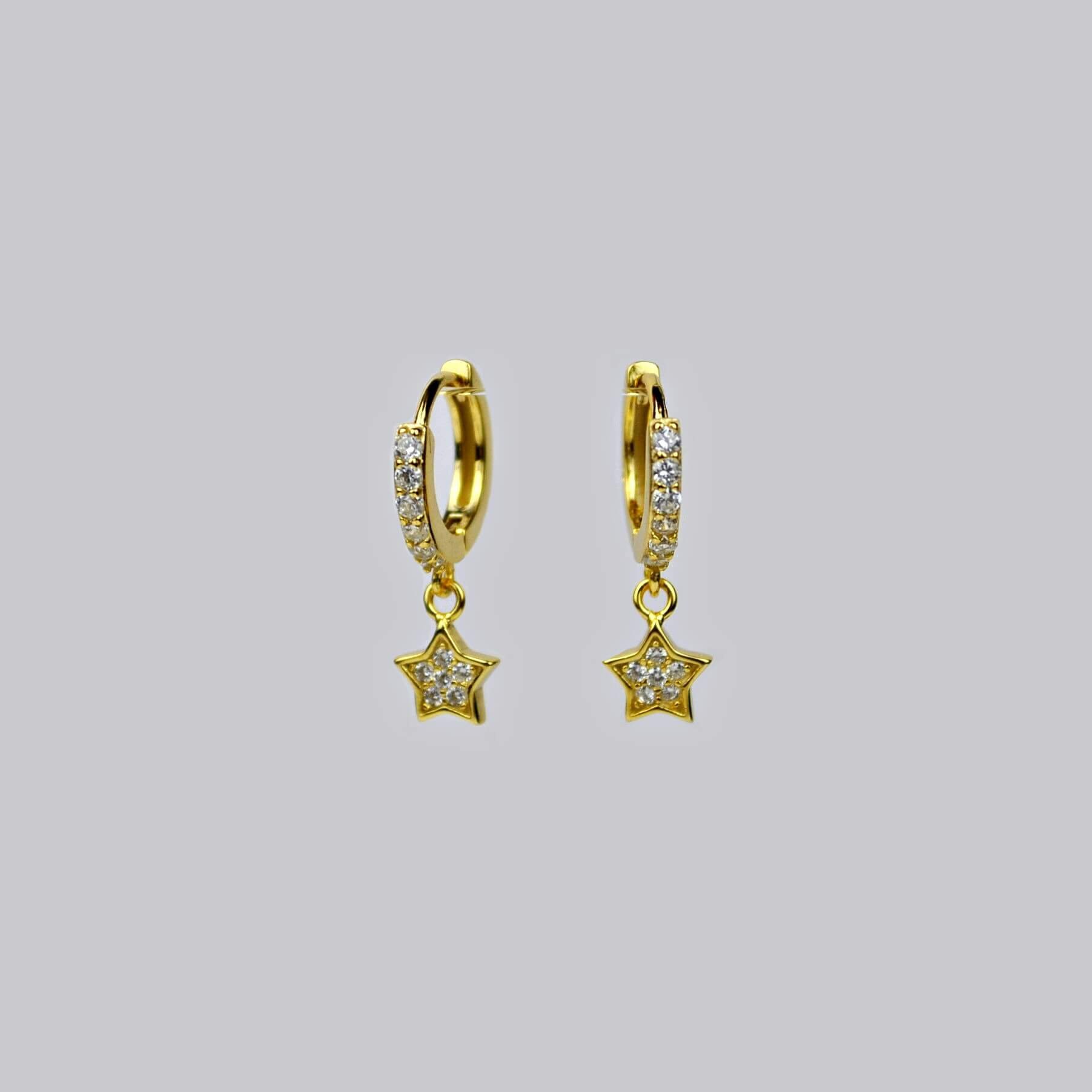 Gold Star Huggie Hoop Earrings, Small Sterling Silver Star