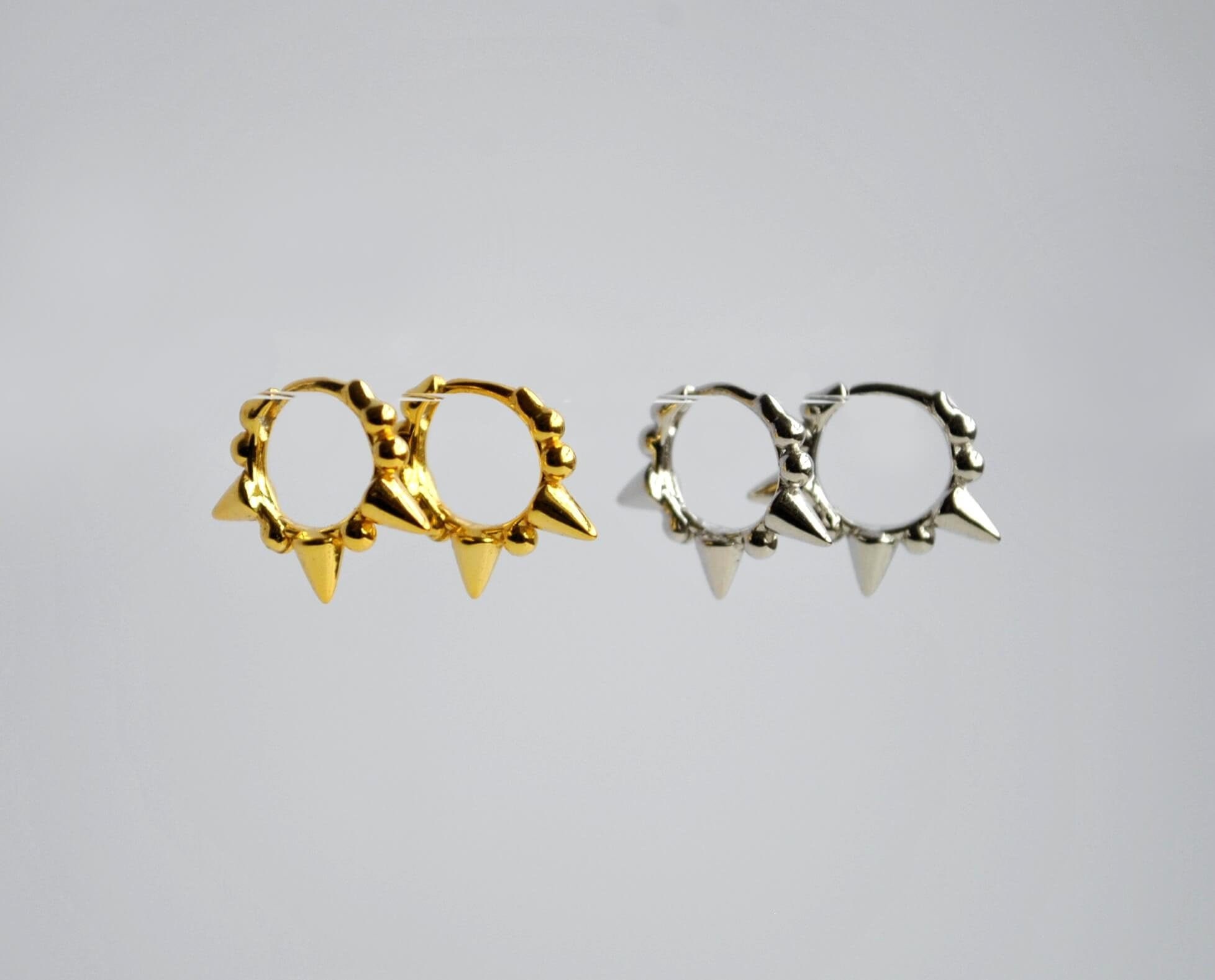 Sterling Silver Huggie Earrings With Small Spike Design - 10mm 14k Gold Plated Hoops
