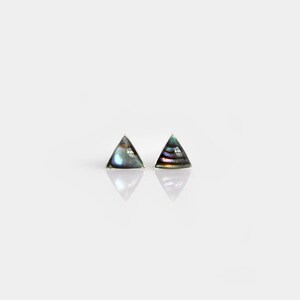 May include: A pair of silver triangle earrings with iridescent abalone shell insets.