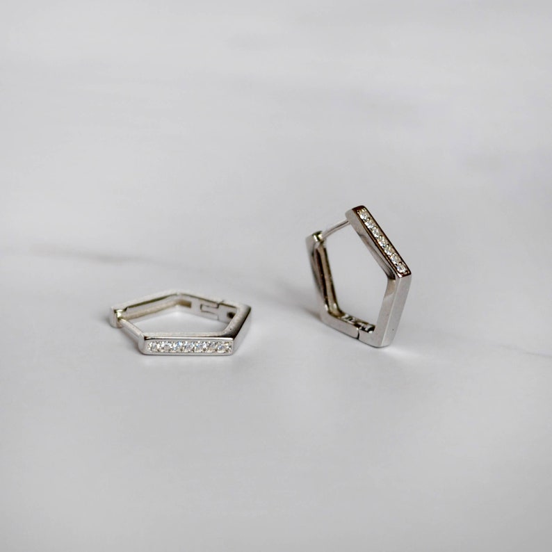 Simple mens hoop Small pentagon hoop earrings Dainty gemstone earring Handmade unique hoop earrings Sterling silver huggie hoop earrings