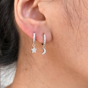 Mismatched Moon and Star Hoop Earring Set • Gold Huggie Hoop Earrings • Small Silver Moon Hoop Earrings