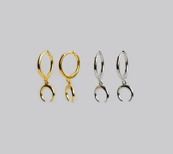 Sterling Silver Moon Huggie Hoop Earrings,Horn Dangle Drop Earrings,Tiny Hoops in Gold and Silver Minimalist Earrings