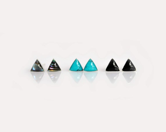 Tiny triangle stud earrings, Minimalist sterling silver abalone earrings, Turquoise shell earrings, Small black stud earrings