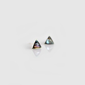 May include: A pair of silver triangle earrings with iridescent abalone shell insets.
