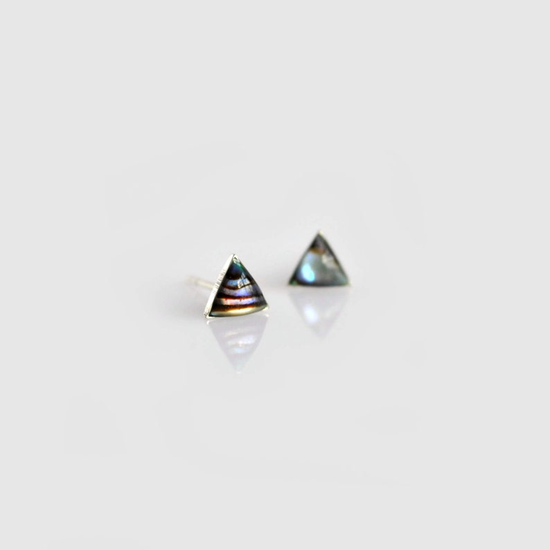May include: A pair of silver triangle earrings with iridescent abalone shell insets.