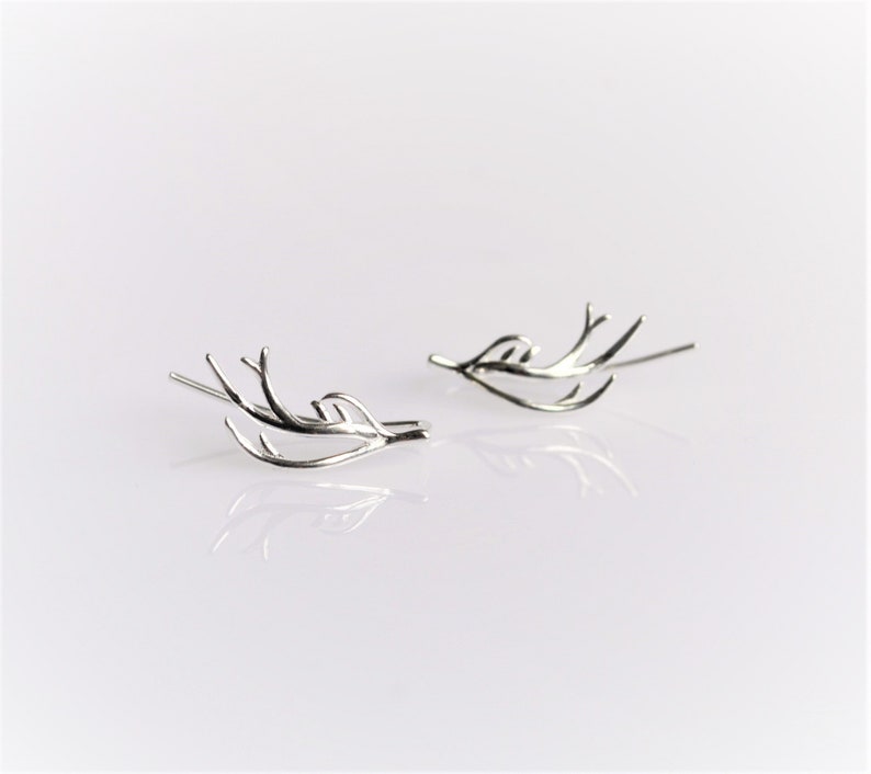 Deer Antler Ear Climber Earrings Sterling Silver Christmas Ear Crawler Statement Winter Ear Wrap Earrings image 2