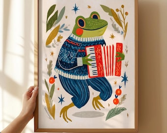 Whimsical Frog Accordion Player Art Print | Toad in Sweater Poster | Folk Art Animal | Nursery Art |  Musician Gift | Cute Kids Room Decor 6