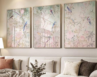 Chinoiserie Wall Art, Set of 3 Bird Floral Prints, Vintage Asian Decor, Pastel Gallery Wall, Coquette Bedroom Art 55