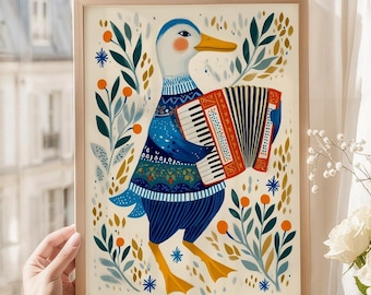 Duck wall art, Silly goose nursery wall art, Whimsical kids wall decor, Folk Art Animal, Music themed, Cute Neutral Baby Room Decor 6