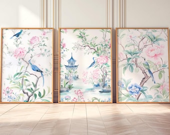 Chinoiserie Floral Bird Print Set of 3, Vintage Asian Garden Botanical Poster Triptych, Pink Peony Pagoda Wall Art, Physical Prints  55-12
