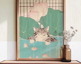 Japandi Katze Poster, süße japanische Wandkunst, Lotus Bad Druck, gemütliches Tierdekor, Badezimmer Wandkunst 5