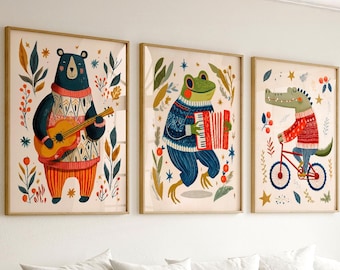Kids Wall Art Set of 3, Woodland Animals Poster, Nursery Decor, Cute Animal Prints, Bear Frog Crocodile, Playroom Art 9