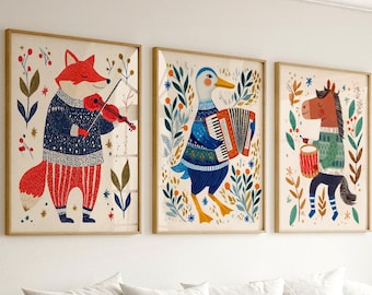 Kids Wall Art Set of 3, Musical Animals Prints, Nursery Decor,  Fox Print, Goose and Horse, Playroom Wall Art 15