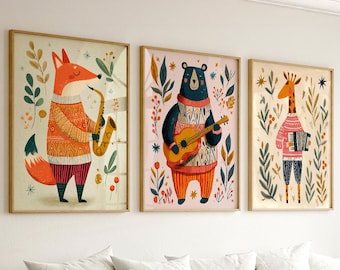 Musical Animal Print Set | Fox, Bear, Giraffe Nursery Decor