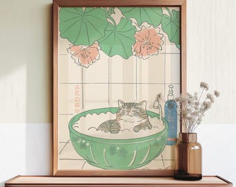Tabby Katze Japanische Badewanne Druck: Japandi Badezimmer Wandkunst 1