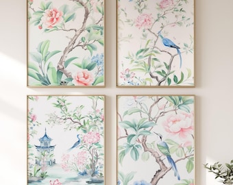Chinoiserie Bird & Peony Art, Set of 4 Pastel Garden Wall Prints, Elegant Pagoda Decor, Vintage Style Botanical Posters, Set of 4 Prints