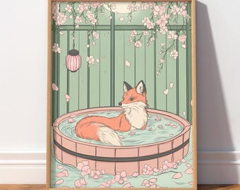 Fox Bath Poster Japanese Animal Wall Art Cute Woodland Print Cherry Blossom Art 3