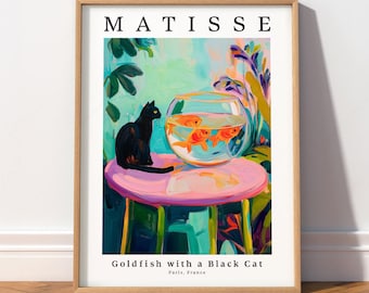 Henri Matisse Black cat, Fishbowl Print, Dopamine decor, Funny cat print, Cat in famous artwork 21