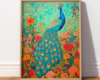 Peacock Garden Print, Turquoise Orange Floral Poster, Maximalist Botanical Decor, Physical Poster Print 64