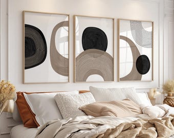 Neutral Abstract Triptych Print Set, Minimalist Geometric Poster, Modern Mid Century Living Room Decor 7
