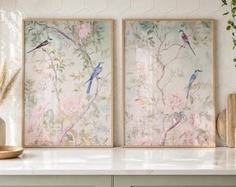 Chinoiserie Flower Prints Set, Vintage Chinese Art (Set of 2)