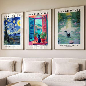 Impressions de chat noir Cadeau pour amoureux des chats Chat de Van Gogh Peinture de chat Matisse Nénuphars de Monet avec un chat Ensemble de trois impressions Art mural coloré 31