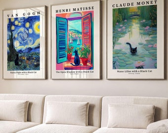 Black Cat Art Prints: Van Gogh, Matisse, Monet Inspired - Set of 3