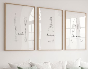 Elegant Cheers Print Trio - Perfect Kitchen and Bar Decor for Celebrations, Minimalist wall art, Set of 3