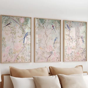 Set of 3 Chinoiserie prints Birds and flowers painting Daughter room art Delicate floral Watercolor painting Soft green and pink 5