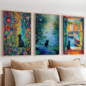 Láminas artísticas de gatos negros, pinturas famosas, juego de 3, regalo para amantes de los gatos