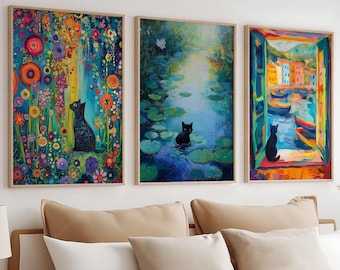 Black Cat Art Prints, Famous Paintings Set of 3, Cat Lover Gift