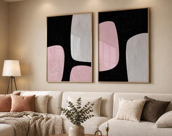 Pink and Black Abstract Wall Art, Set of 2 Neutral Prints, Minimalist Decor 12