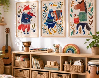 Kinder Wandkunst 3er Set, Musiktiere Drucke, Kinderzimmer Dekoration, Spielzimmer Wandkunst 15