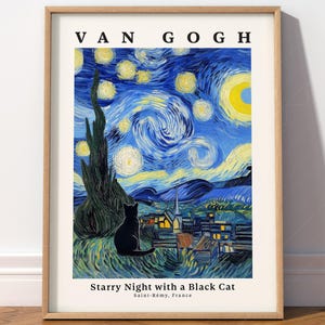 Póster de Van Gogh con gato negro La noche estrellada Arte de gato negro Regalo divertido Cielo iluminado por la luna Impresión para amantes de los gatos Obras de arte famosas 32
