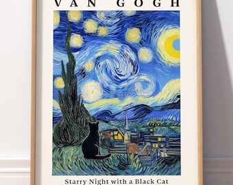 Van Gogh Black Cat Starry Night Art Print: Funny Cat Lover Gift