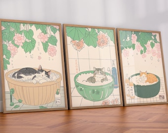 Minimalist Cat Print Set: Japanese Japandi Art, Soft Colors